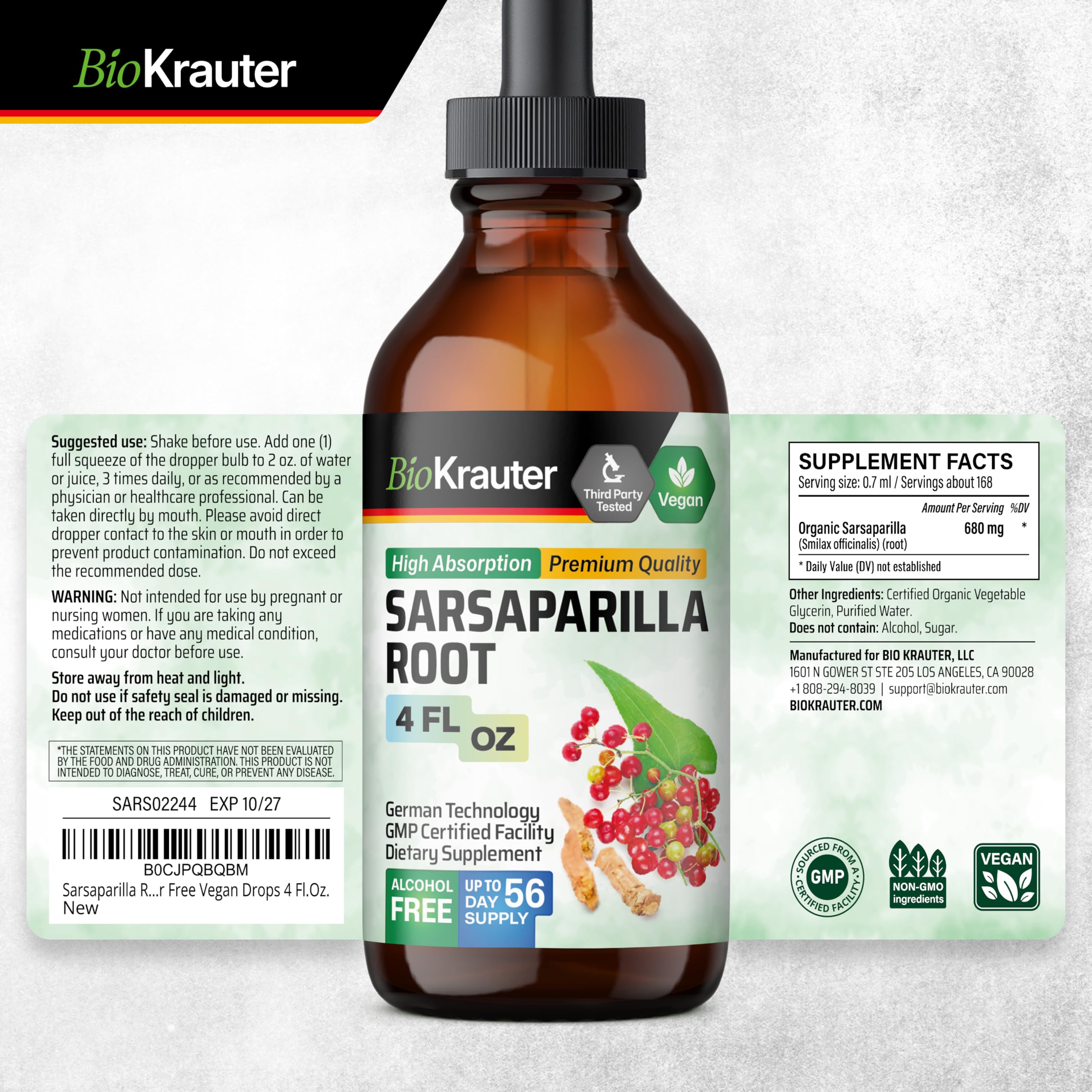 Glycerin-based BIO KRAUTER Sarsaparilla tincture delivers smooth flavor