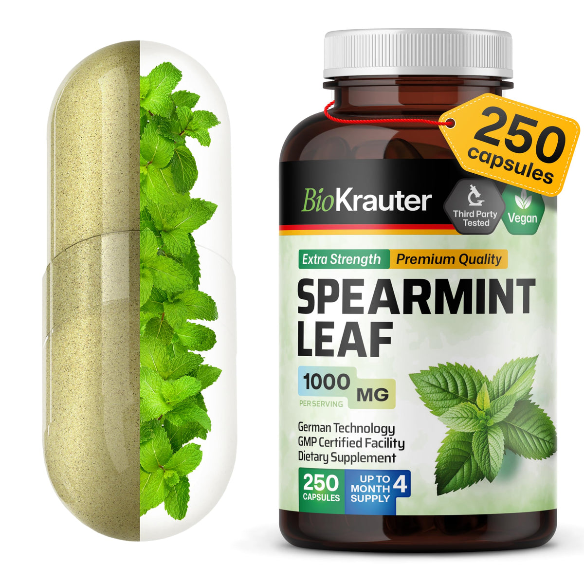 BIO KRAUTER Spearmint Capsules bottle close-up, vegan formula for daily digestive comfort.