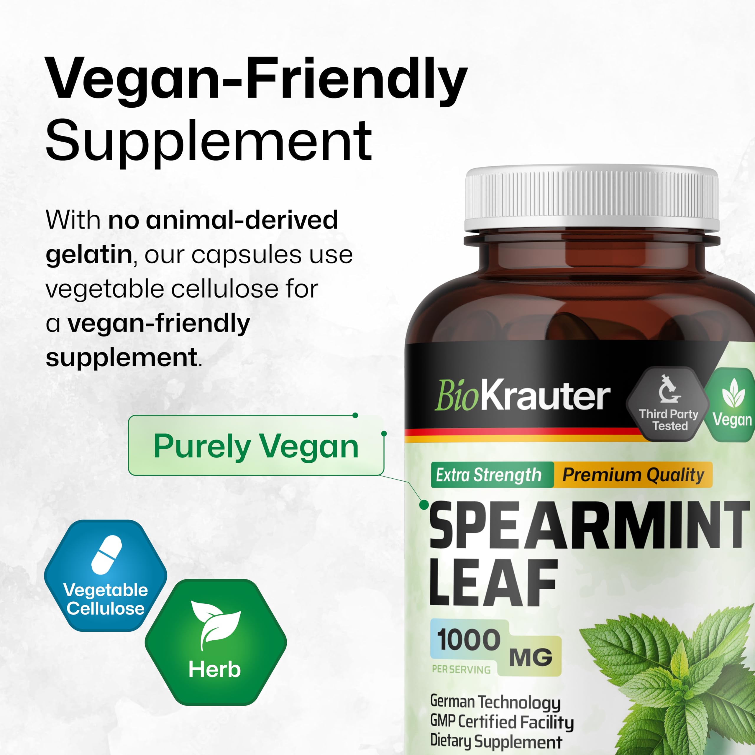 BIO KRAUTER Spearmint Capsules bottle with glass of water for on-the-go use.