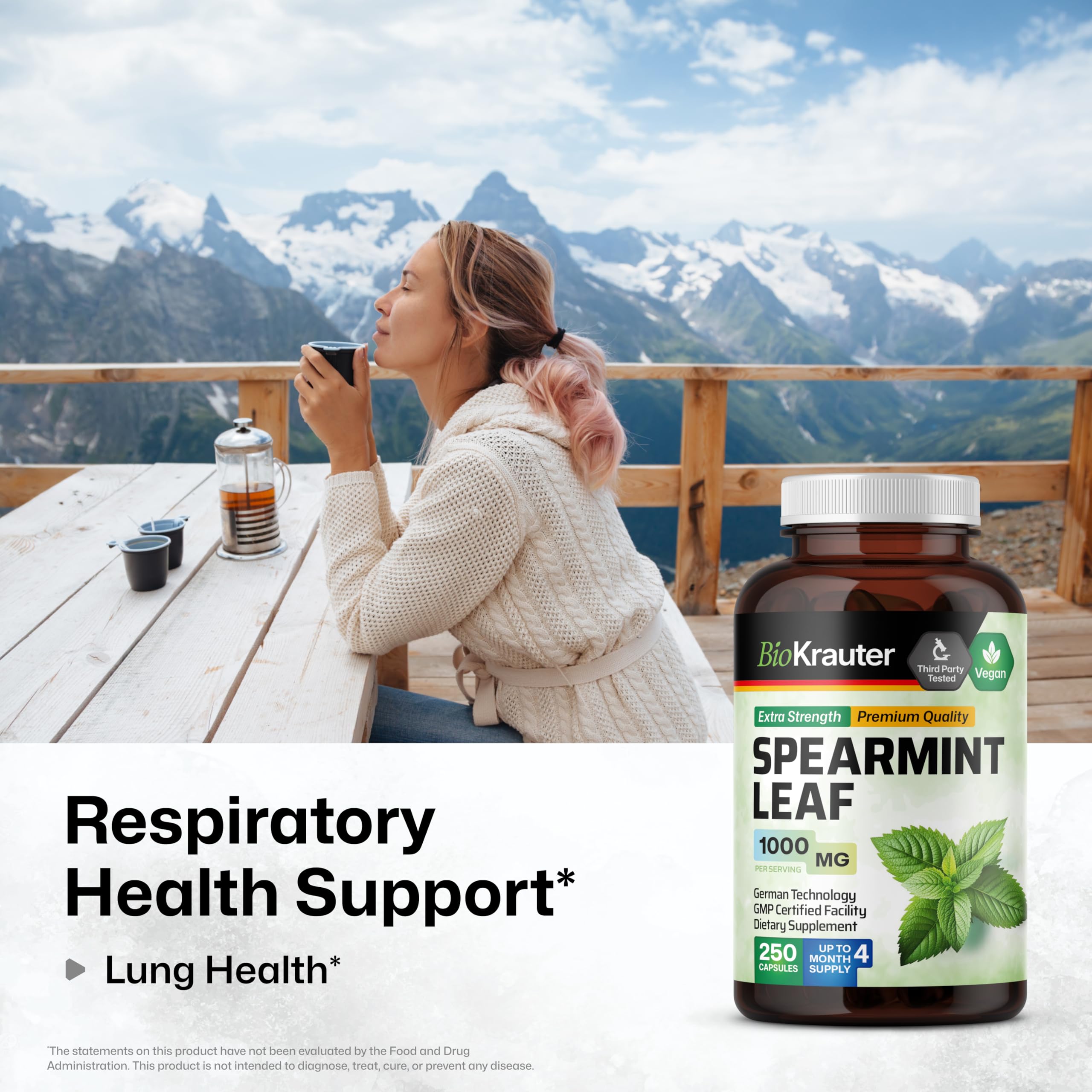 BIO KRAUTER Spearmint Capsules label close-up highlighting Mentha spicata origin.
