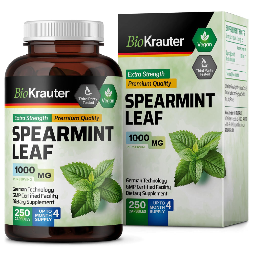 BIO KRAUTER Spearmint Capsules nutritional label emphasizing no GMOs.