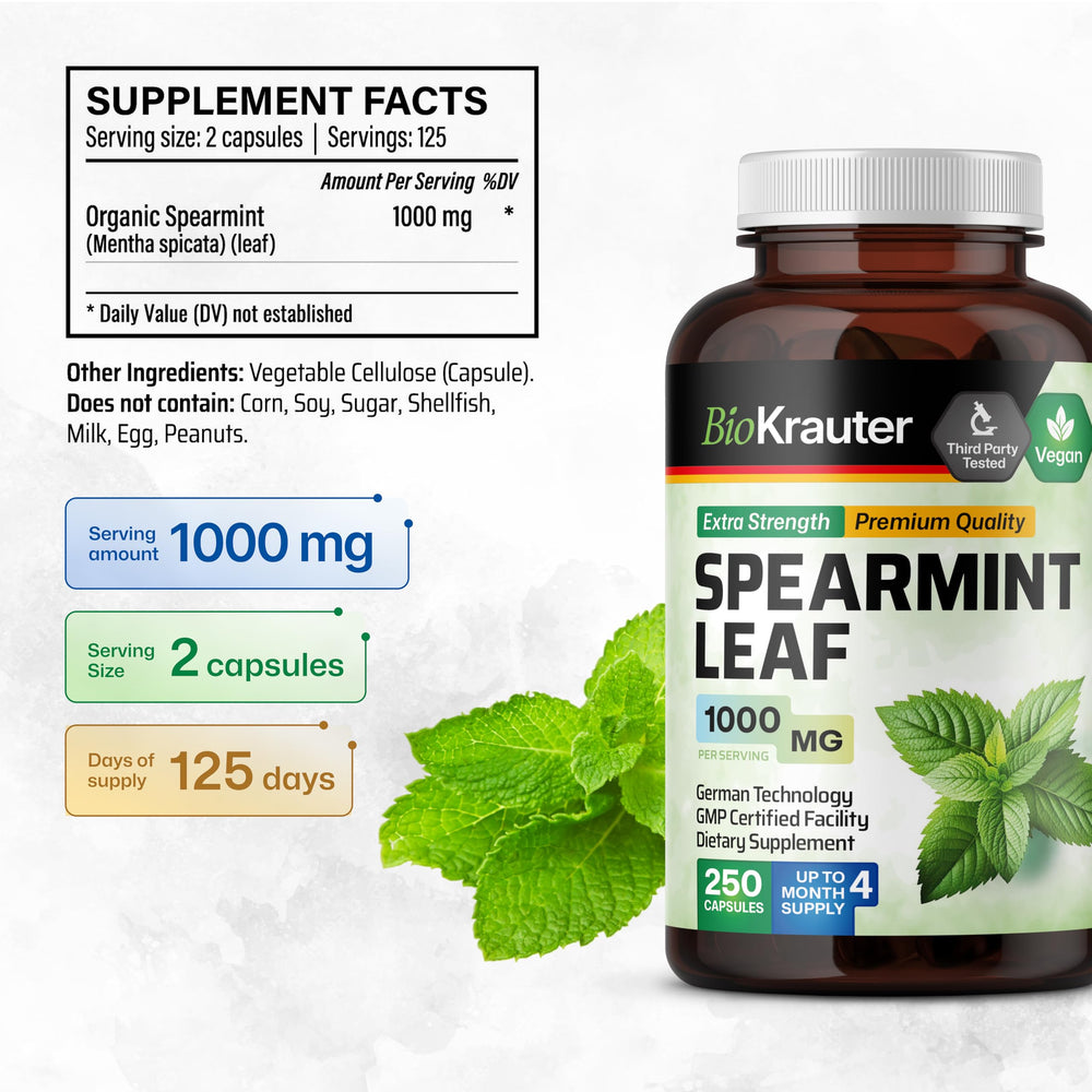 BIO KRAUTER Spearmint Capsules packaging box displaying natural, GMO-free statement.