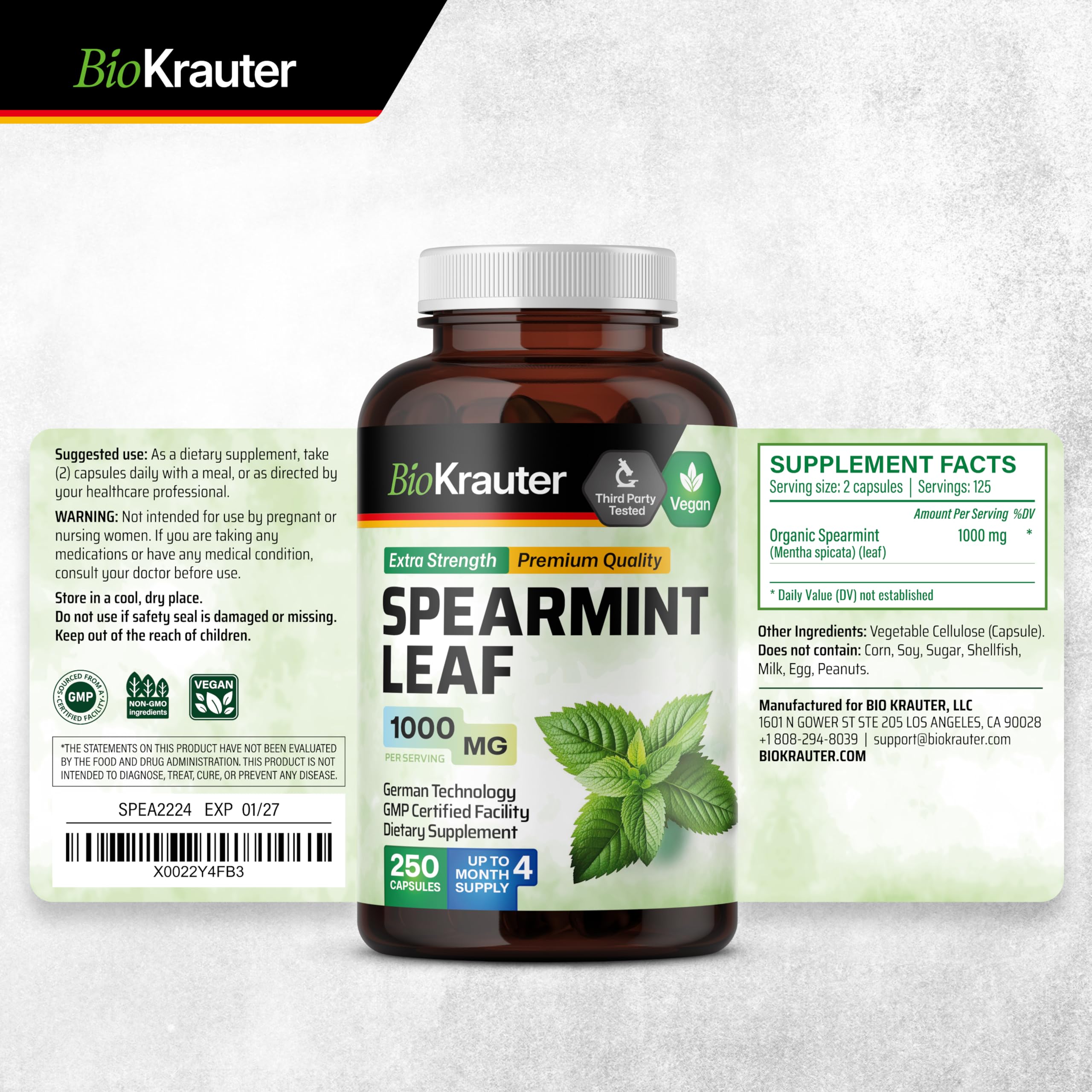 BIO KRAUTER Spearmint Capsules travel-friendly blister pack.