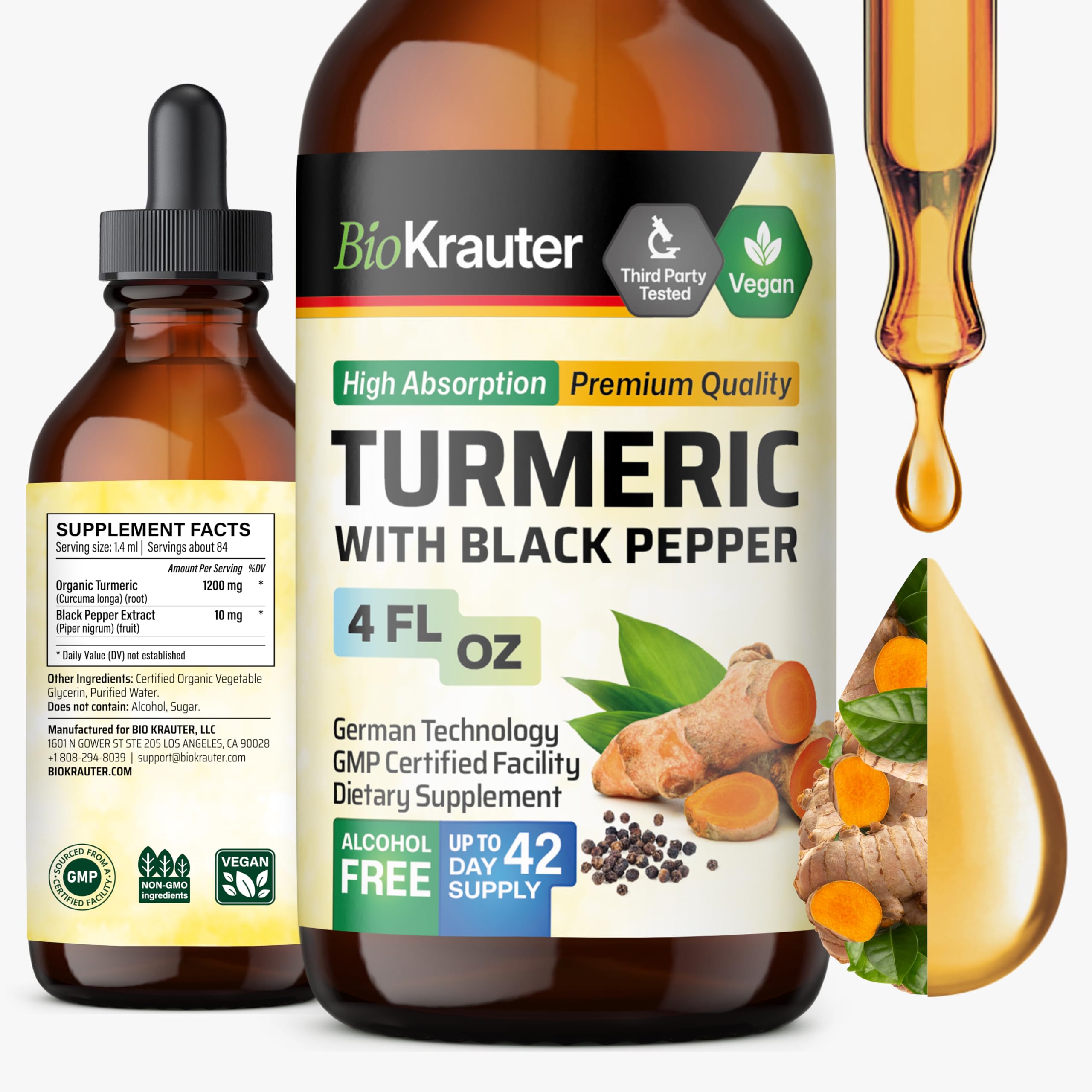 BIO KRAUTER Turmeric Tincture bottle highlights vegan, alcohol-free formula.
