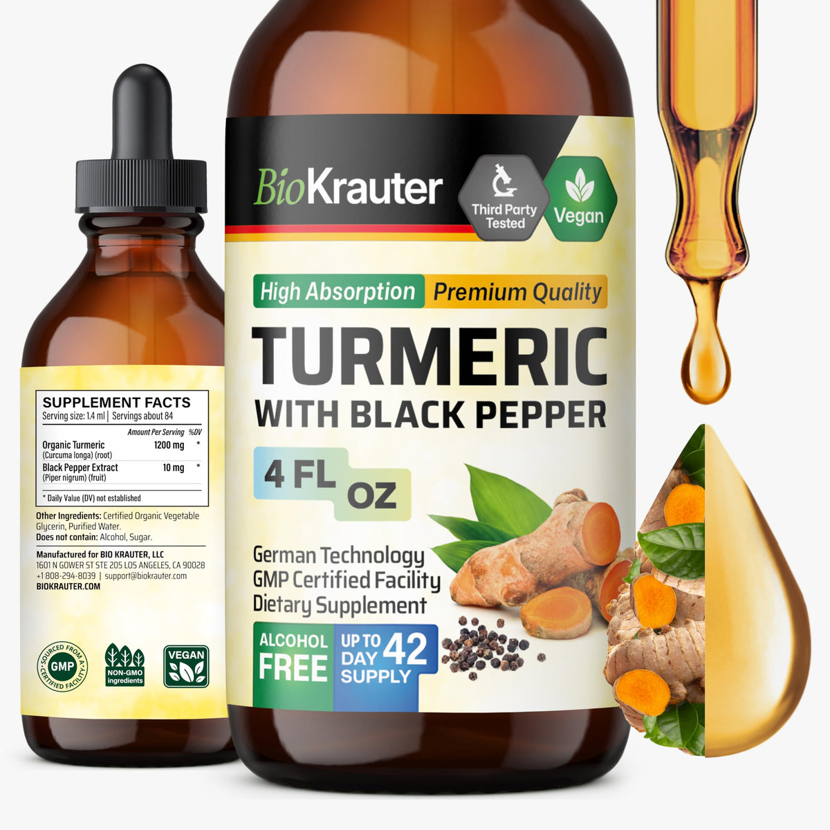 BIO KRAUTER Turmeric Tincture bottle highlights vegan, alcohol-free formula.