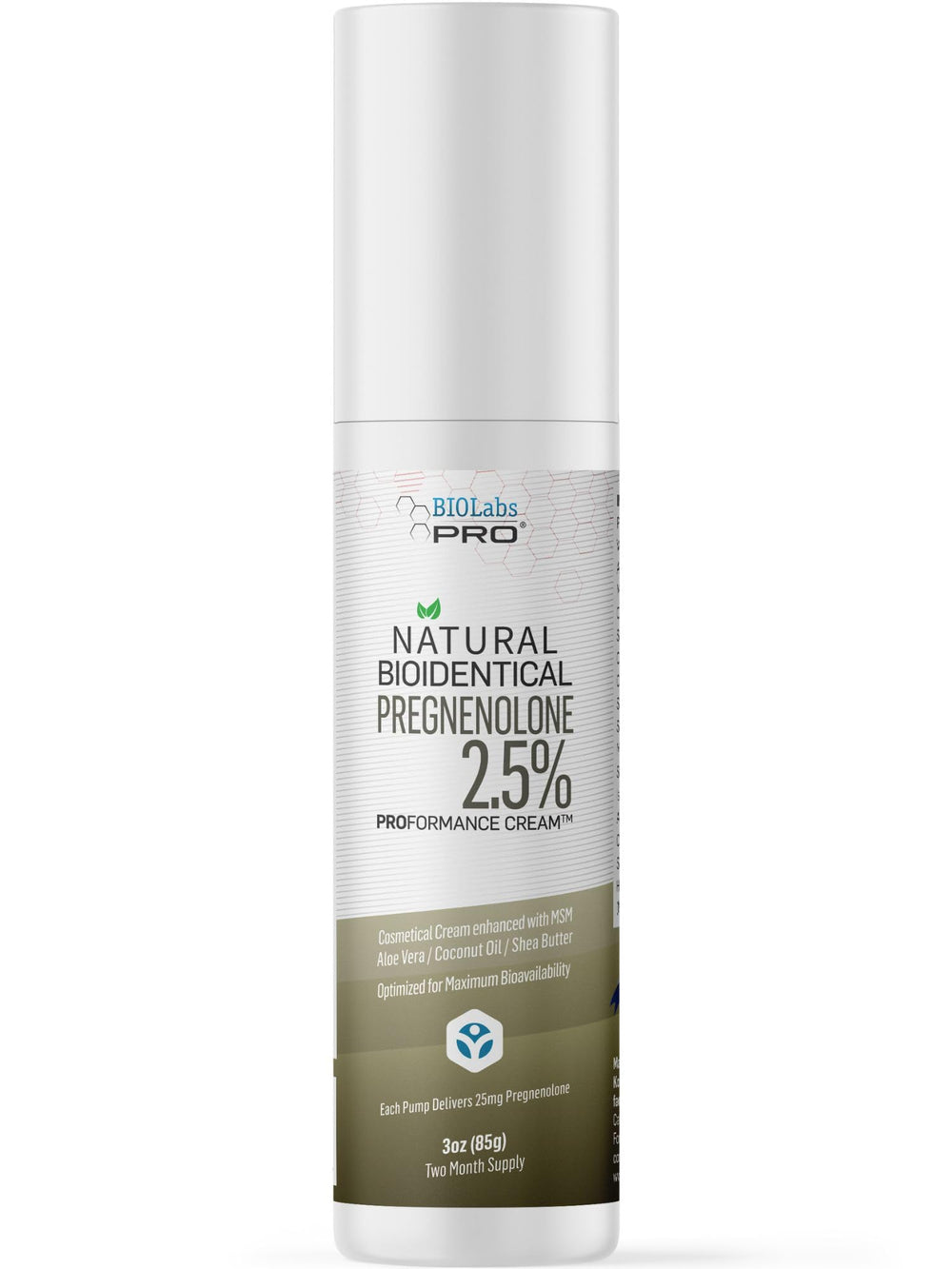 BIOLABS PRO Pregnenolone Cream unscented 2.5% in a compact tube for daily use.