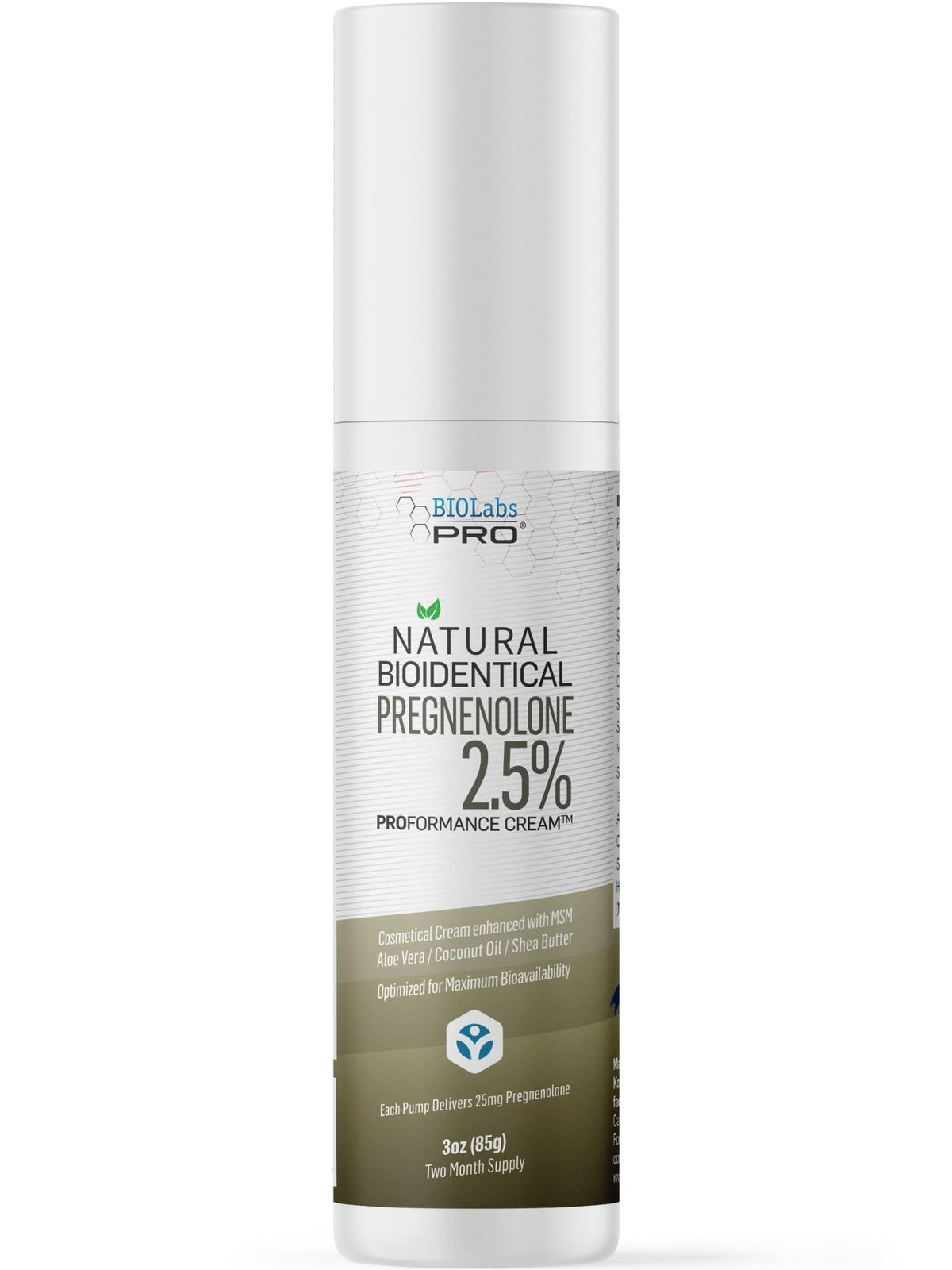 BIOLABS PRO Pregnenolone Cream unscented 2.5% in a compact tube for daily use.