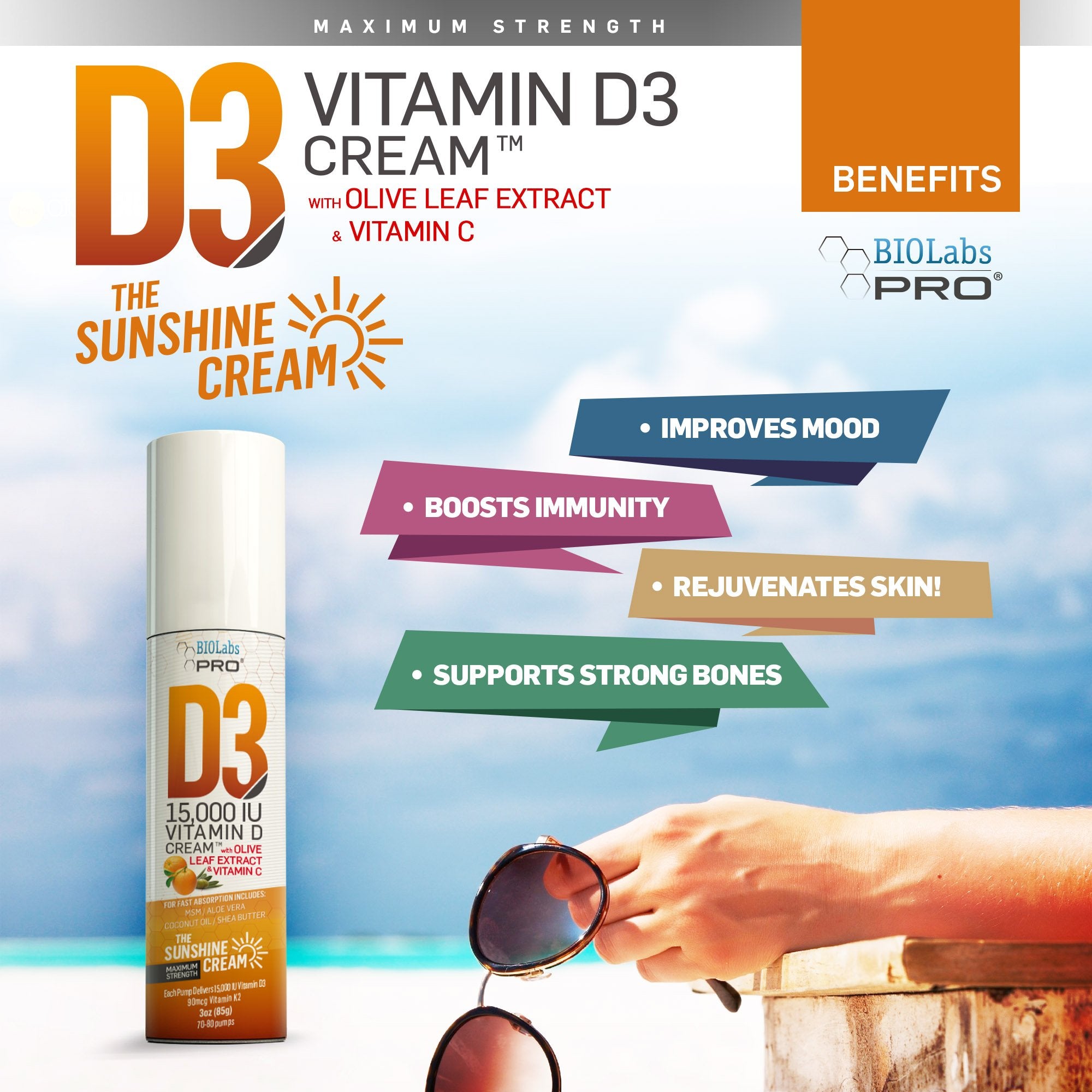 BIOLABS PRO Vitamin D3 15000IU cream label closeup shows ingredients clearly