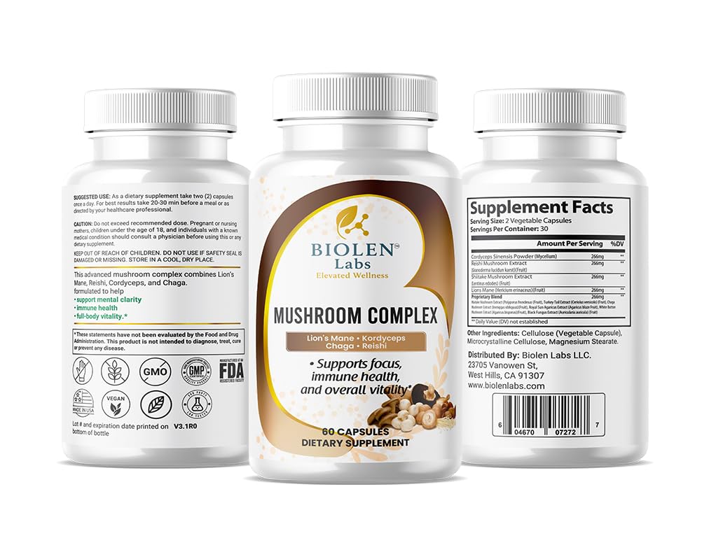 Biolen Labs Elevated Wellness Mushroom Complex bottle displaying 60 vegan capsules for daily vitality