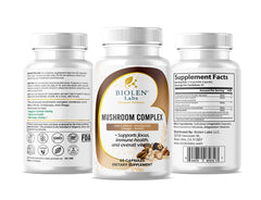 Biolen Labs Elevated Wellness Mushroom Complex bottle displaying 60 vegan capsules for daily vitality