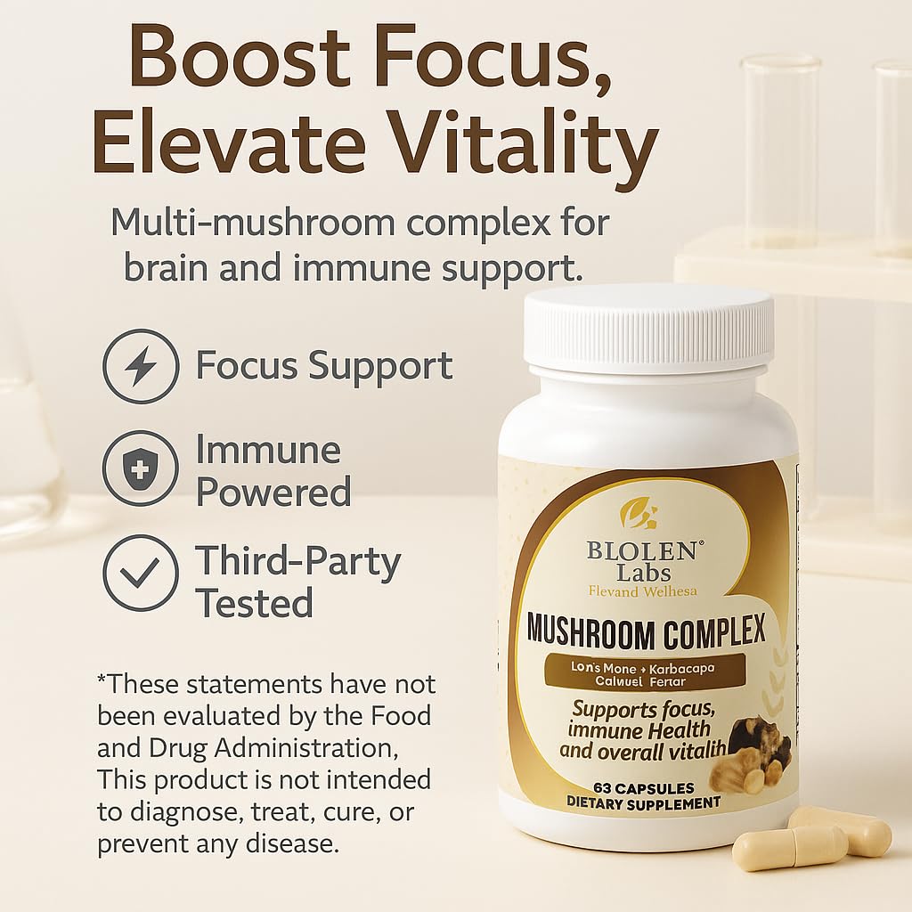 Biolen Labs Elevated Wellness Mushroom Complex capsules emphasizing vegan, gluten-free formula for everyday wellness