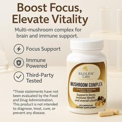 Biolen Labs Elevated Wellness Mushroom Complex capsules emphasizing vegan, gluten-free formula for everyday wellness