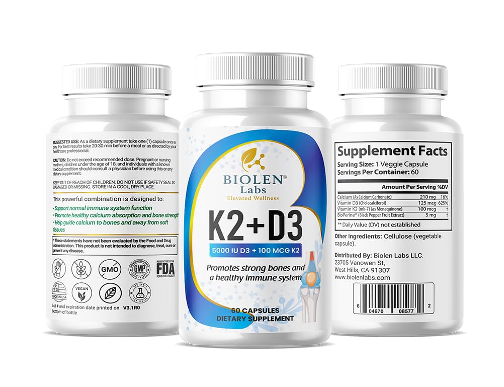 Biolen Labs K2 + D3 vegan packaging emphasizing clean gluten-free formula