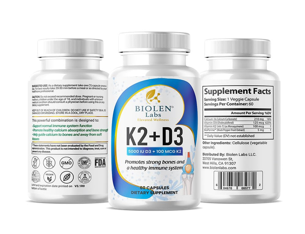 Biolen Labs K2 + D3 vegan packaging emphasizing clean gluten-free formula