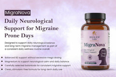 Pouring MigraNova capsules from Biolen Labs bottle for daily use.