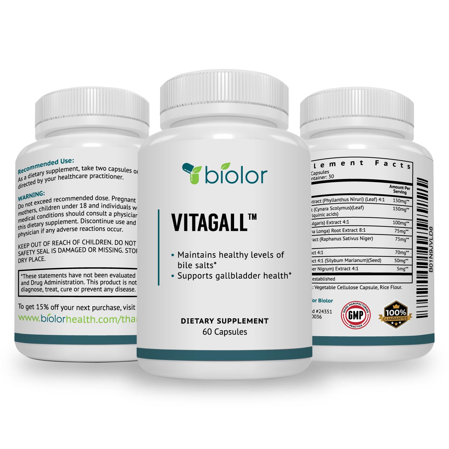 Biolor VitaGall bottle with herbal-ingredient icons for natural blend.