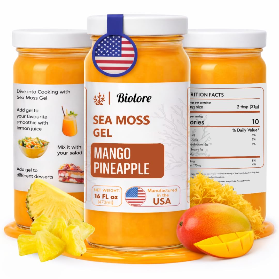 Biolore mango pineapple sea moss gel in a 16 oz jar for tropical flavor and daily use