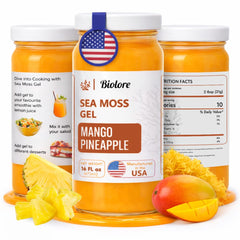 Biolore mango pineapple sea moss gel in a 16 oz jar for tropical flavor and daily use