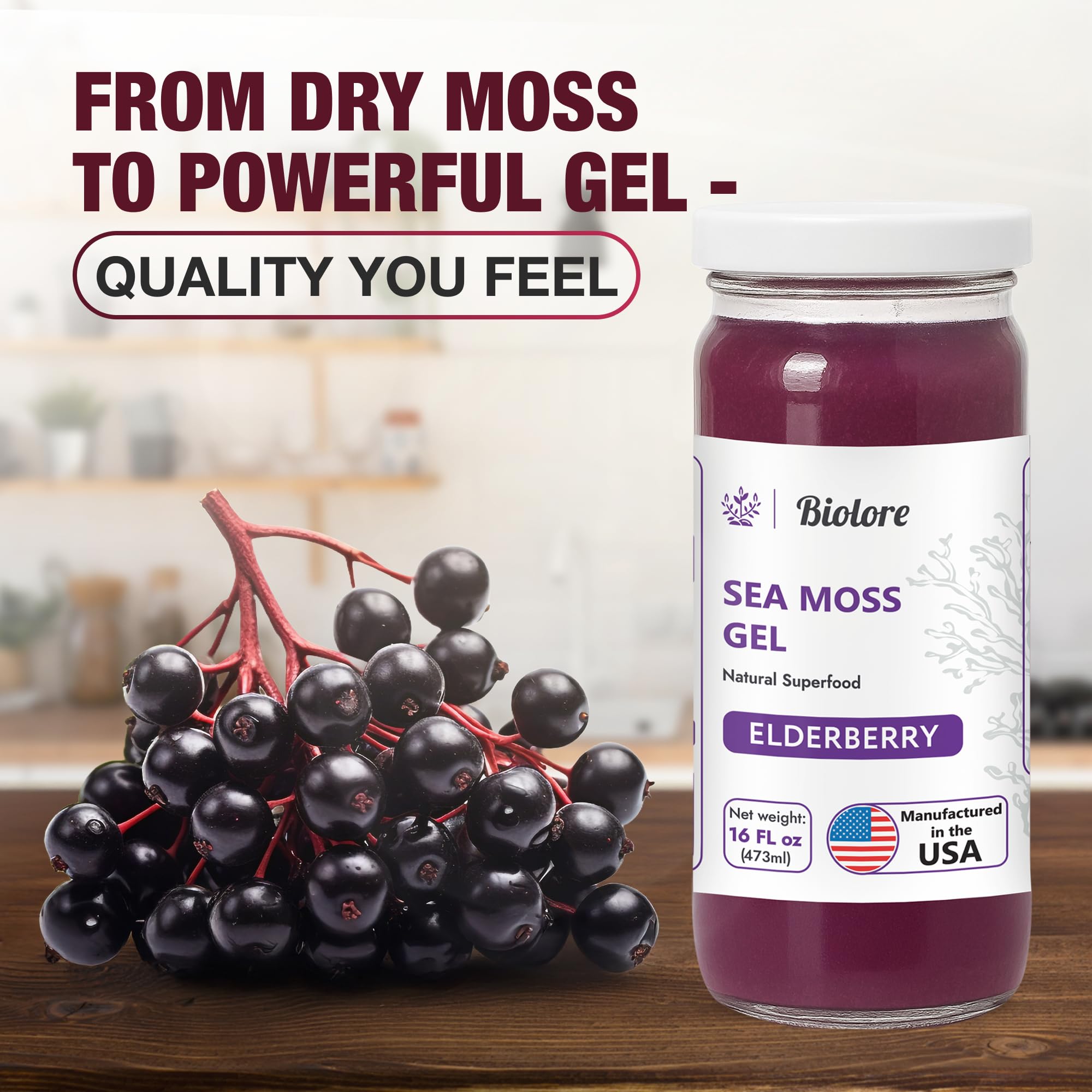 Biolore Sea Moss Gel Elderberry spoon ready to serve