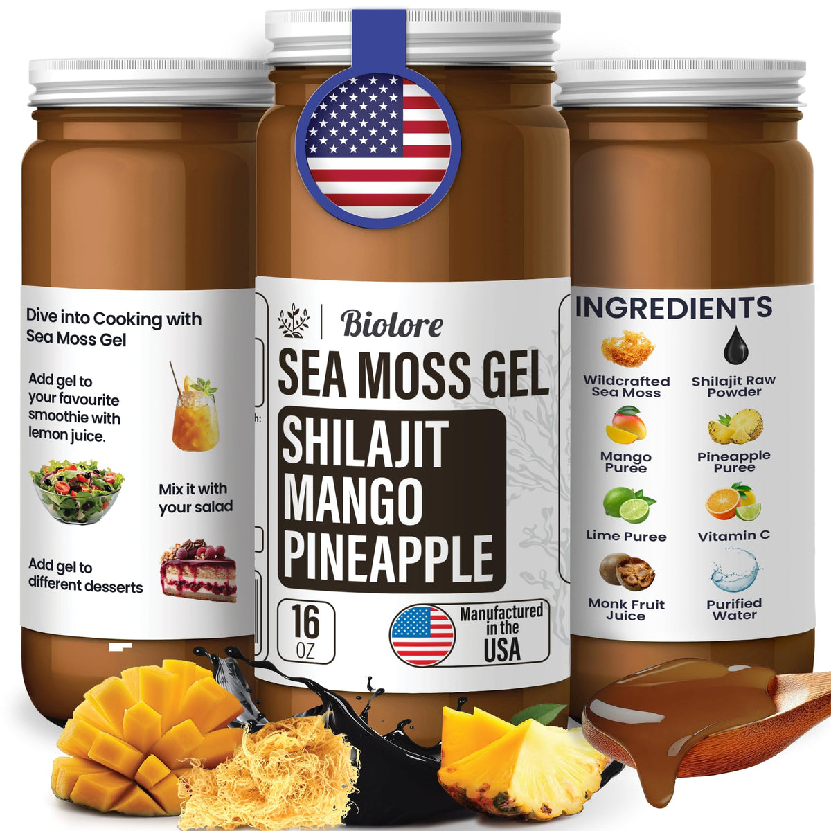 Biolore wildcrafted sea moss gel mango pineapple jar close-up showing rich texture for smoothies.