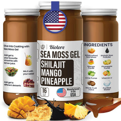 Biolore wildcrafted sea moss gel mango pineapple jar close-up showing rich texture for smoothies.