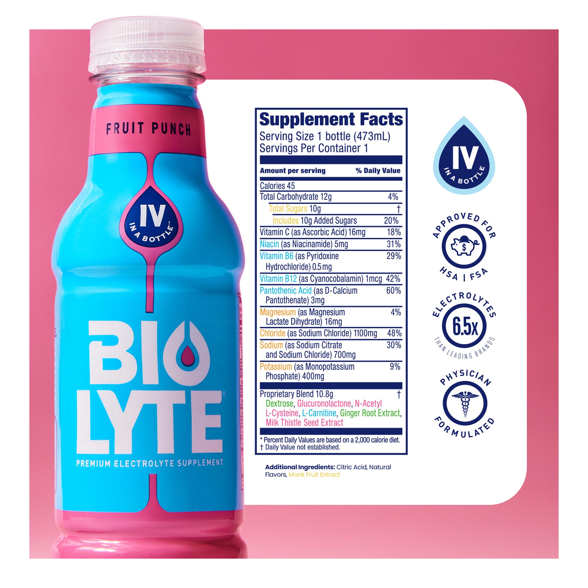 BIOLYTE Fruit Punch bottle pour for a quick electrolyte refresh after workouts.