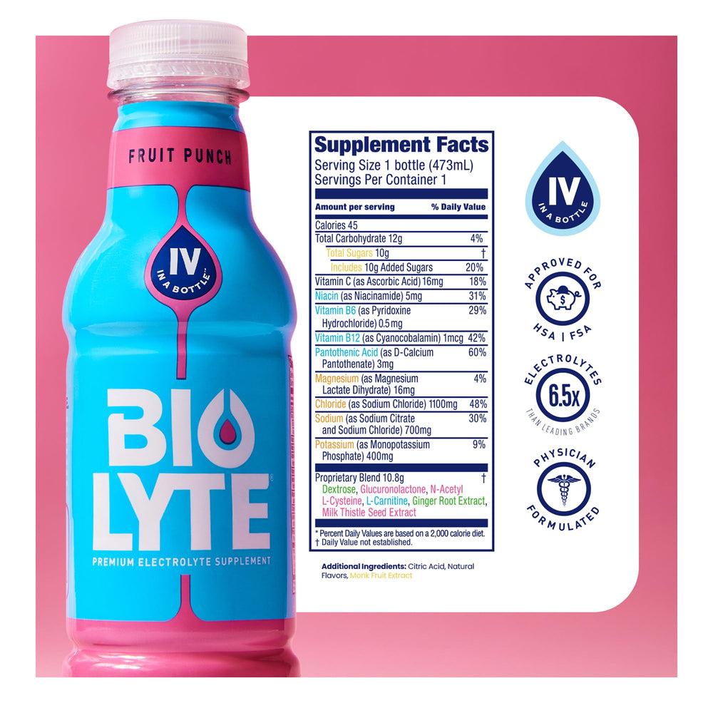 BIOLYTE Fruit Punch bottle pour for a quick electrolyte refresh after workouts.