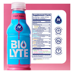 BIOLYTE Fruit Punch bottle pour for a quick electrolyte refresh after workouts.