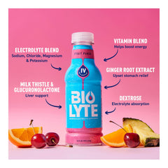 BIOLYTE Fruit Punch label closeup highlighting gluten-free formula and electrolytes.