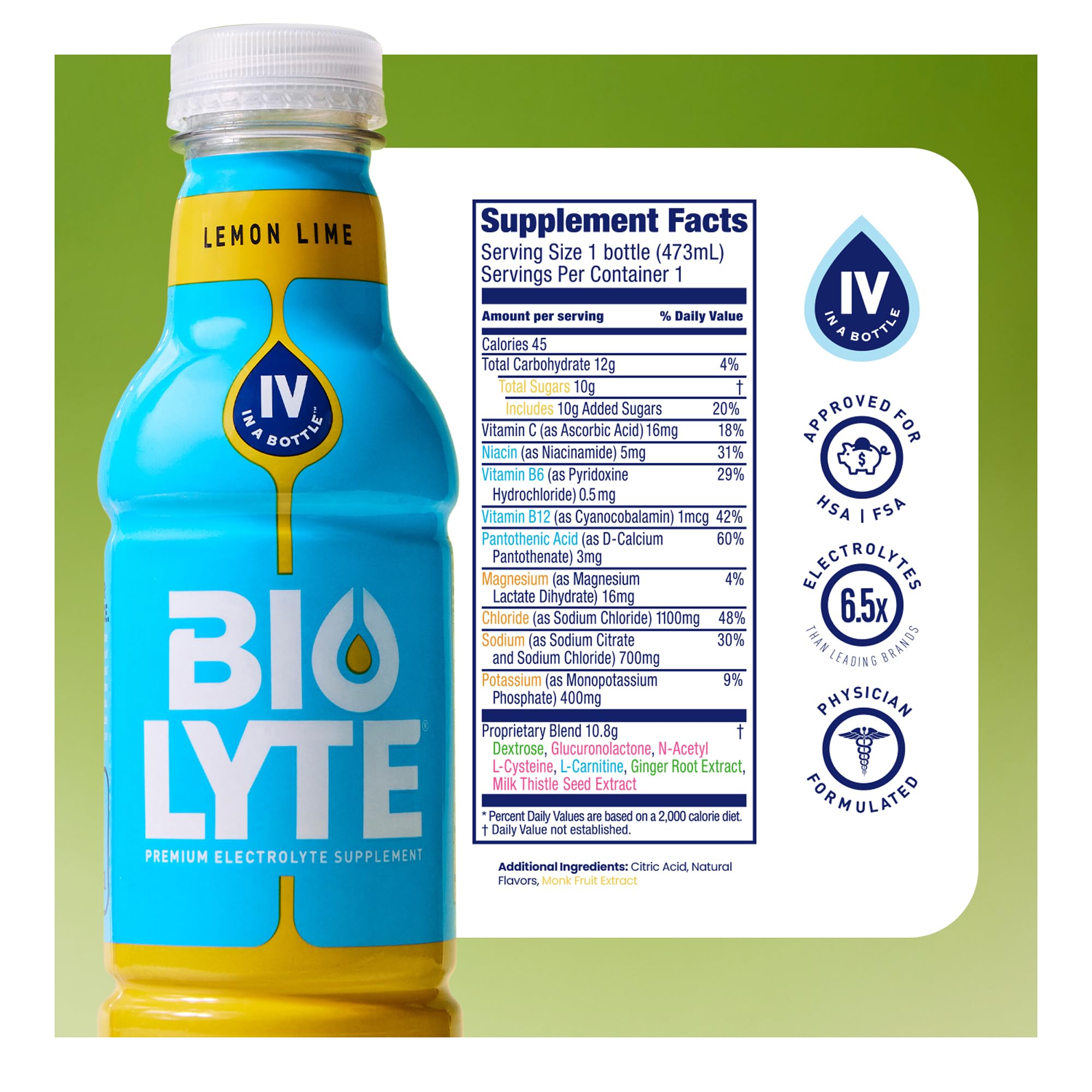 BIOLYTE Lemon Lime label close-up highlighting ingredients.