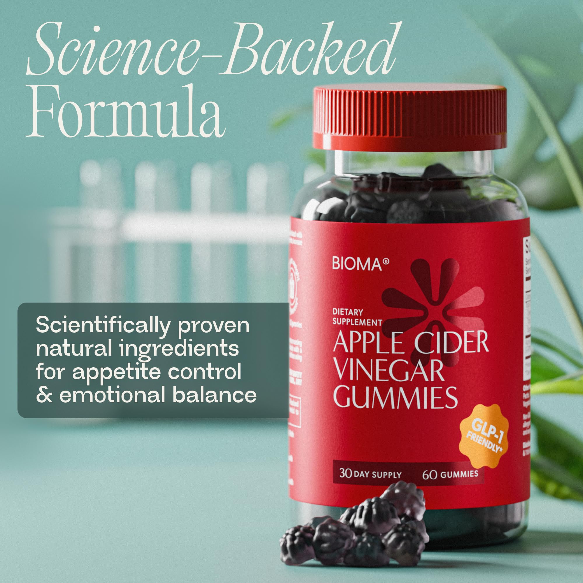 BIOMA ACV Gummies on a plate with fruit and water for a healthy routine