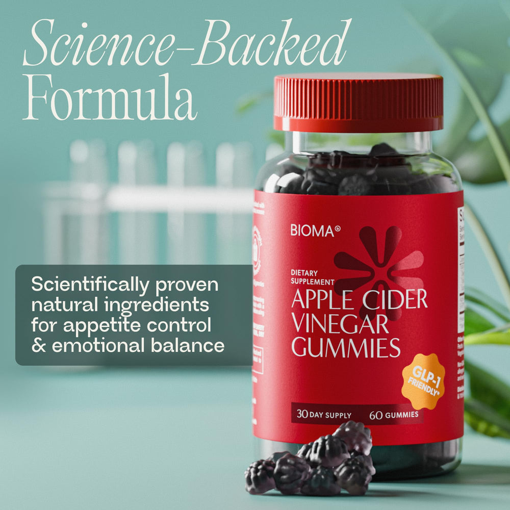 BIOMA ACV Gummies on a plate with fruit and water for a healthy routine