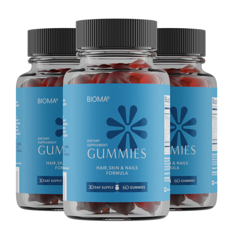 BIOMA Beauty Gummies bottle front; supports hair, skin, and nails from within.