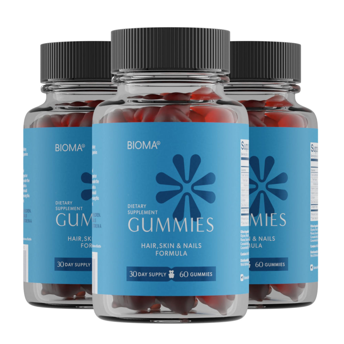 BIOMA Beauty Gummies bottle front; supports hair, skin, and nails from within.