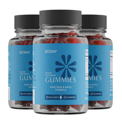BIOMA Beauty Gummies bottle front; supports hair, skin, and nails from within.