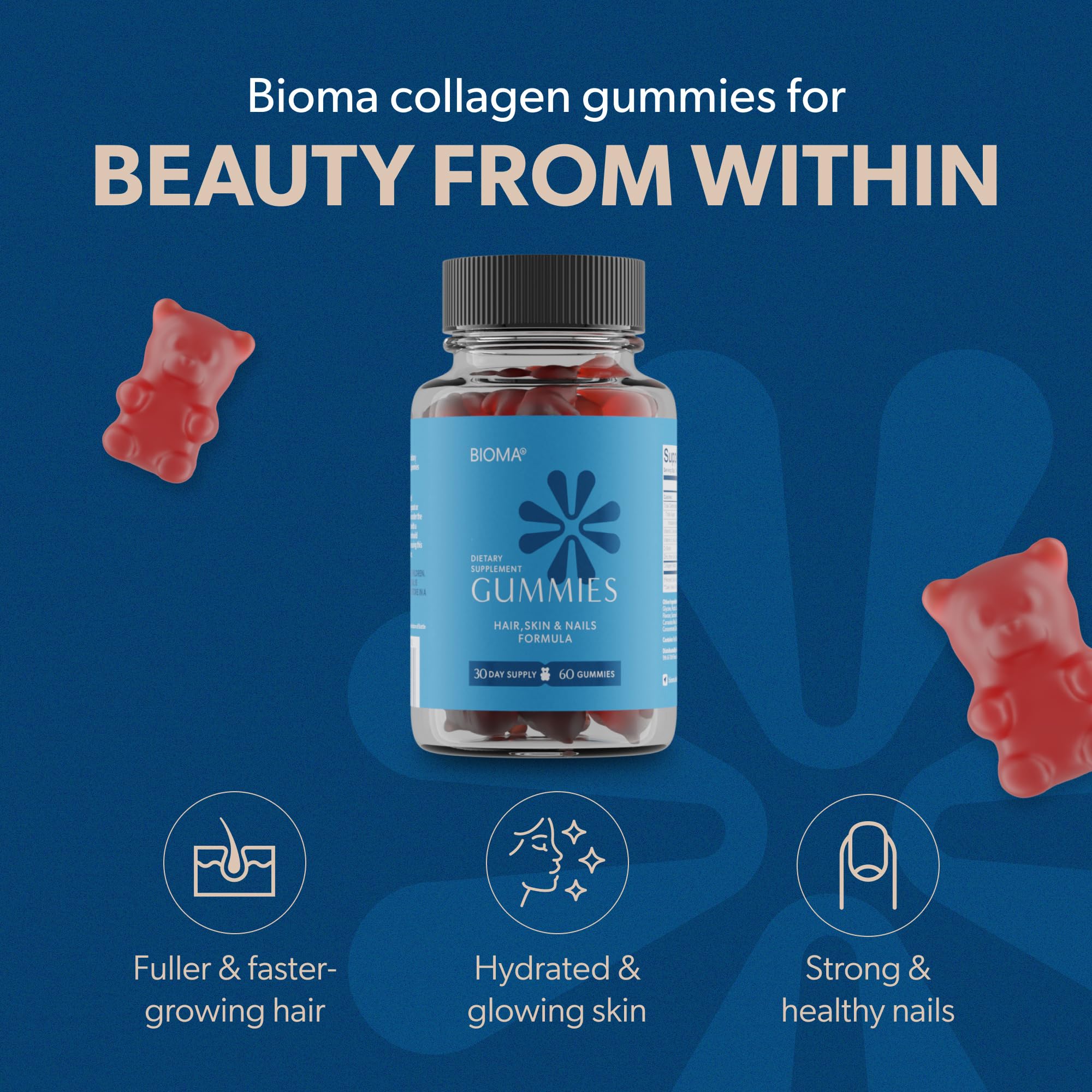 Closeup of BIOMA Beauty Gummies showing tasty gummies for daily hair, skin, and nail care.