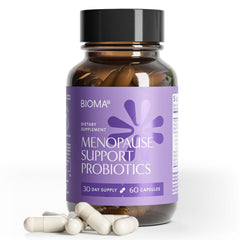 BIOMA Menopause bottle front showing hormone-free probiotic support for daily use