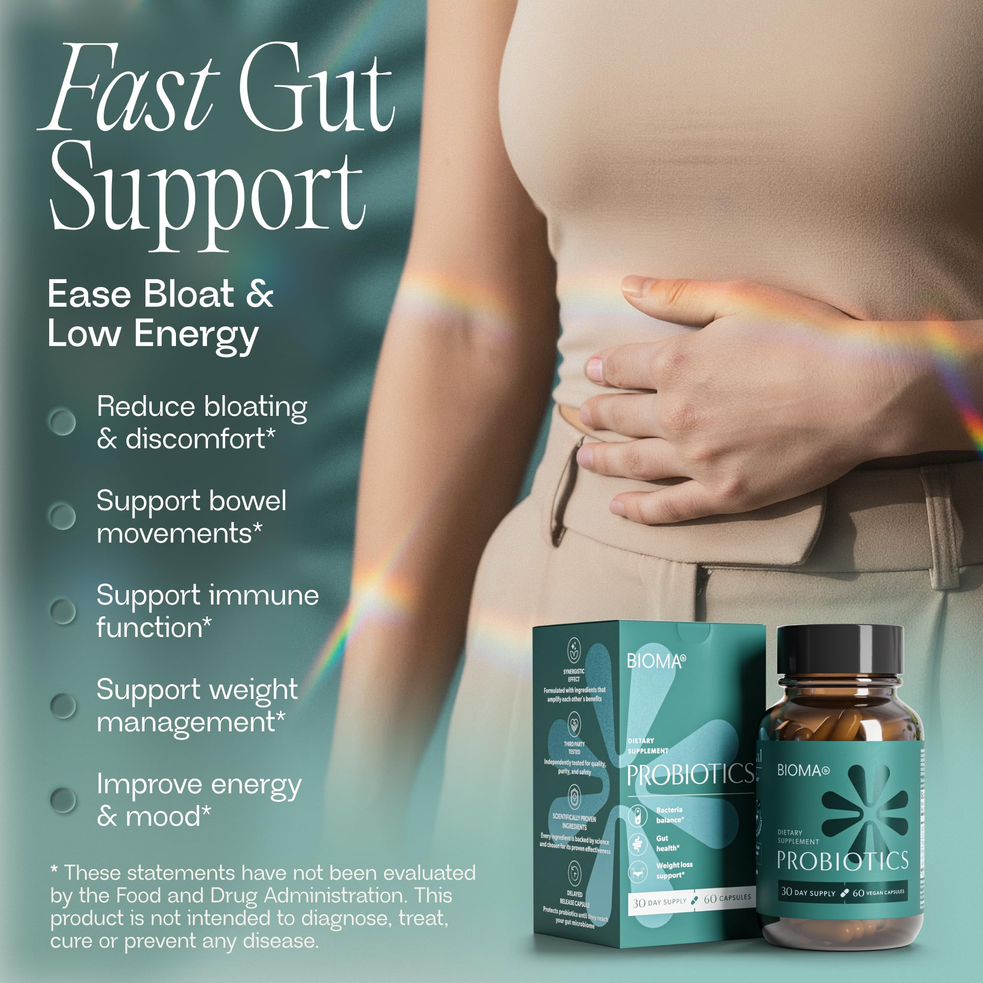 BIOMA Probiotics bottle and label demonstrating easy daily gut support