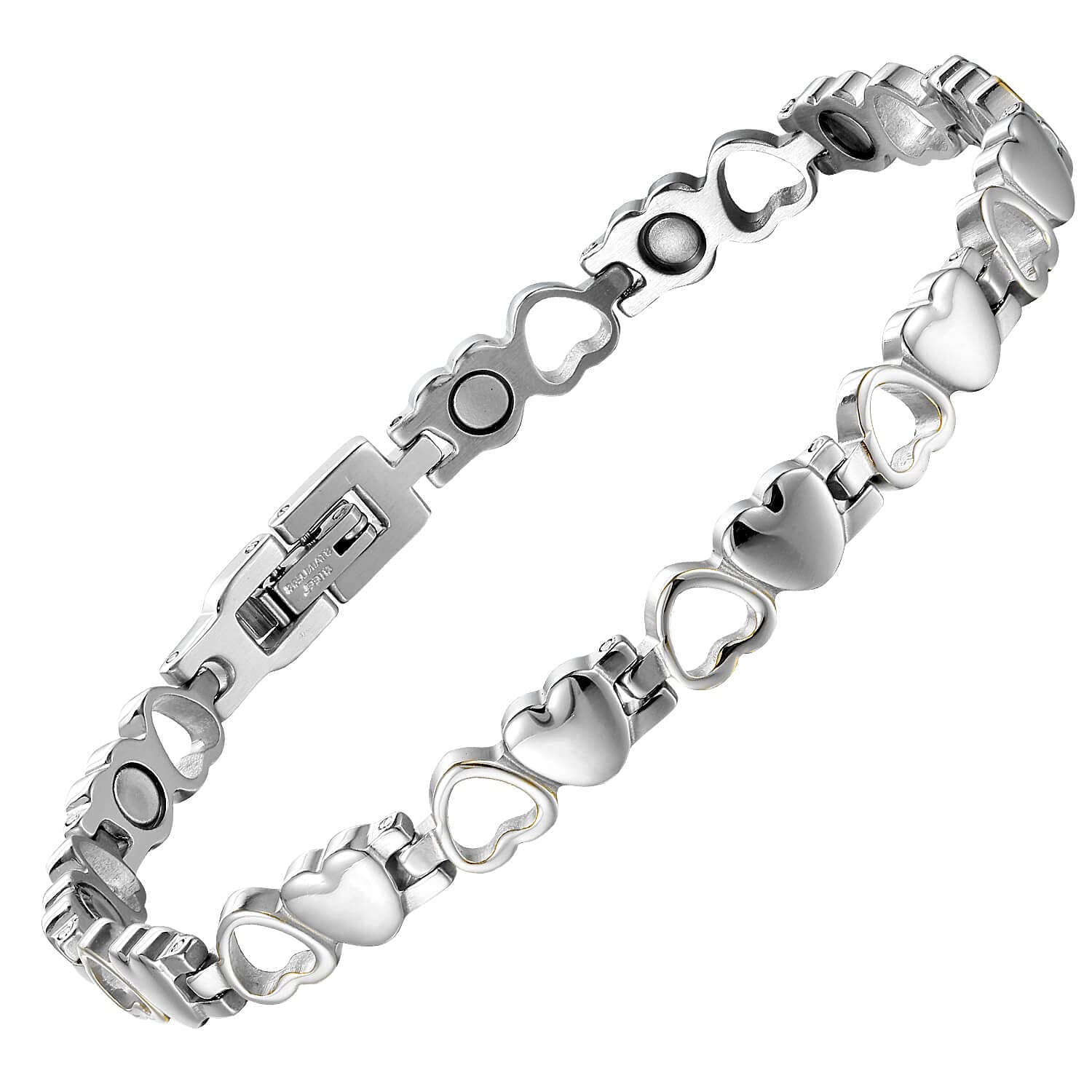 BioMag titanium steel bracelet with heart design, hypoallergenic and comfortable for daily wear.