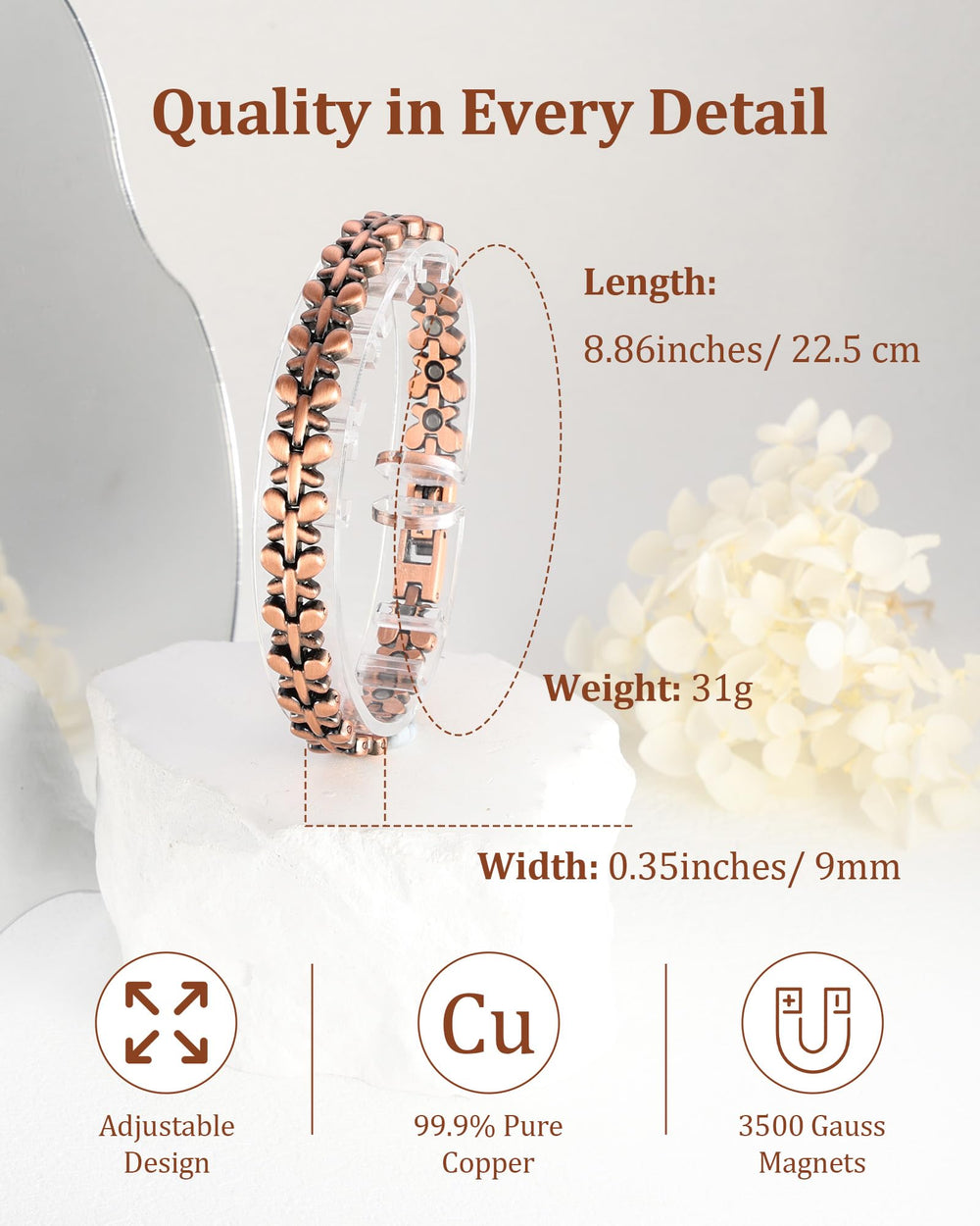 BioMag copper bracelet magnet close-up highlighting 3500 Gauss magnets.
