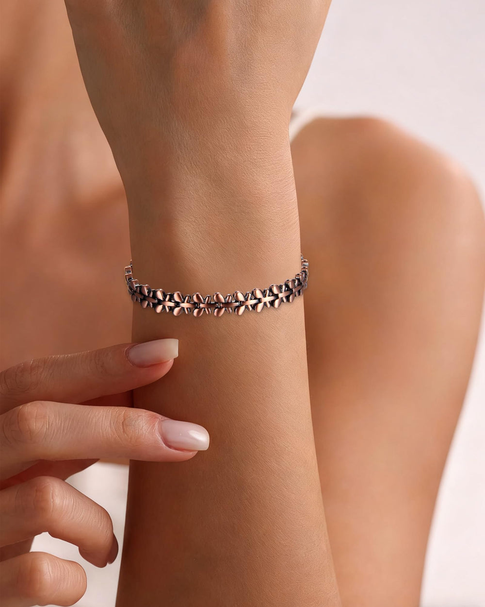 BioMag copper bracelet worn on wrist for versatile daily wear.