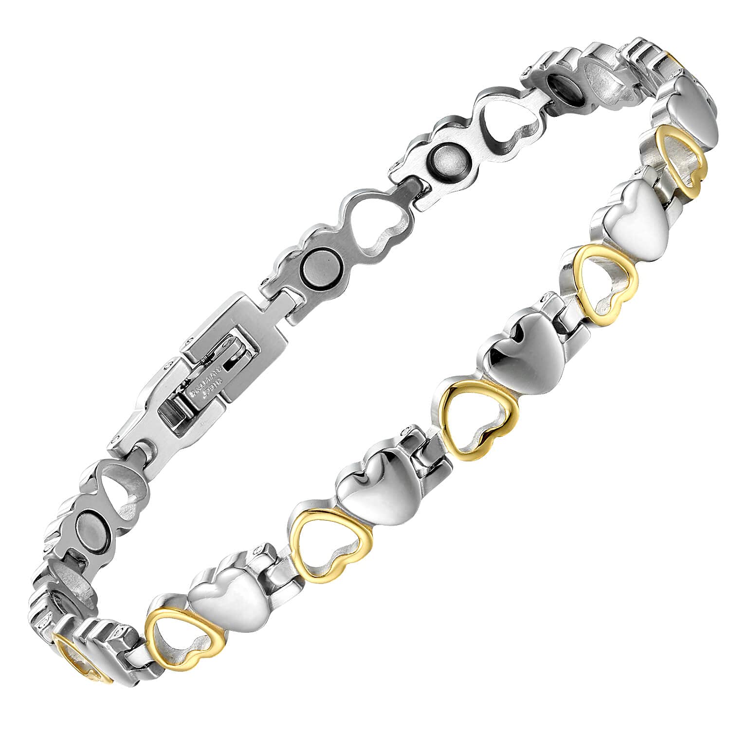 BioMag heart-design titanium bracelet closeup with two-tone finish for daily wear