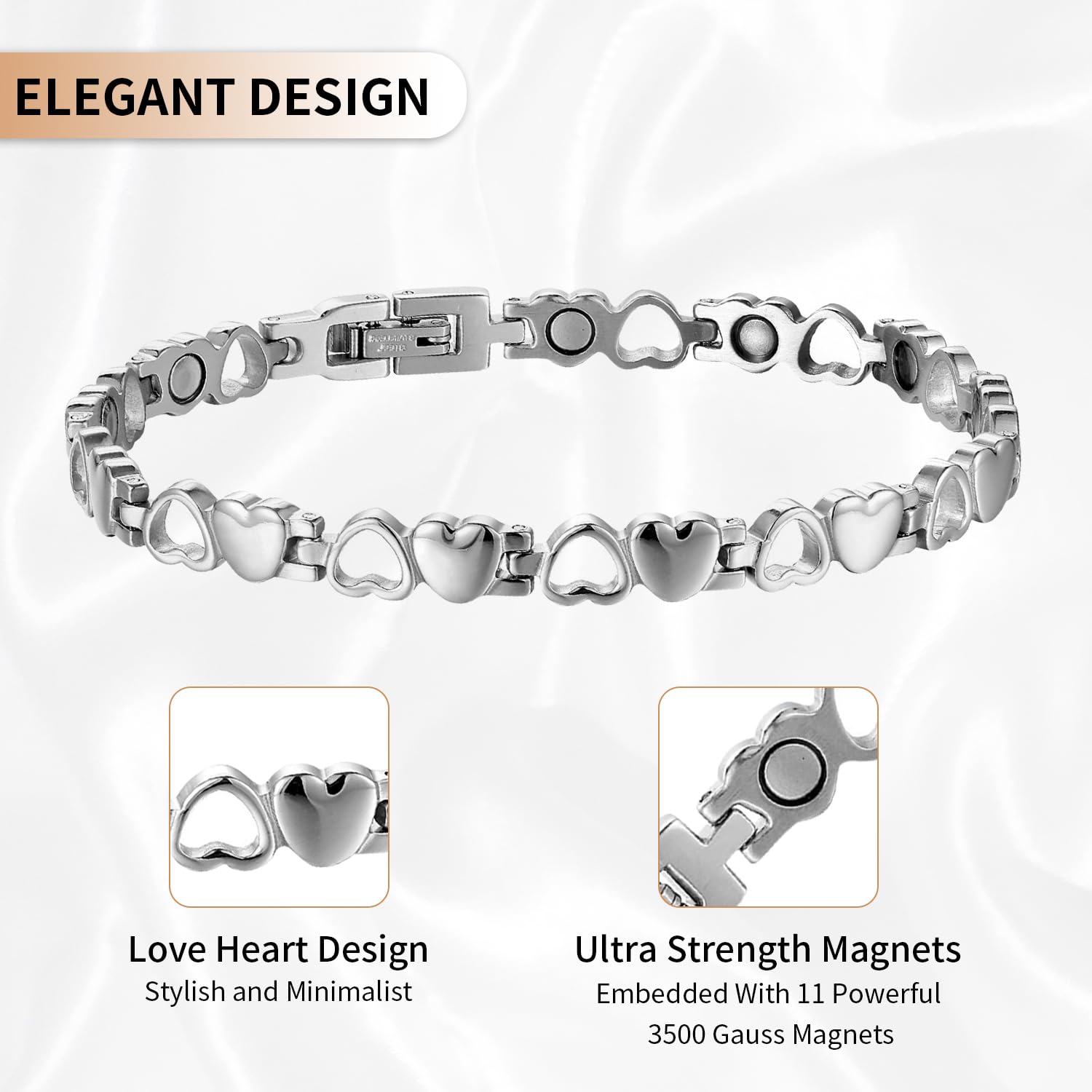 BioMag adjustable bracelet with sizing tool enables at-home perfect fit.