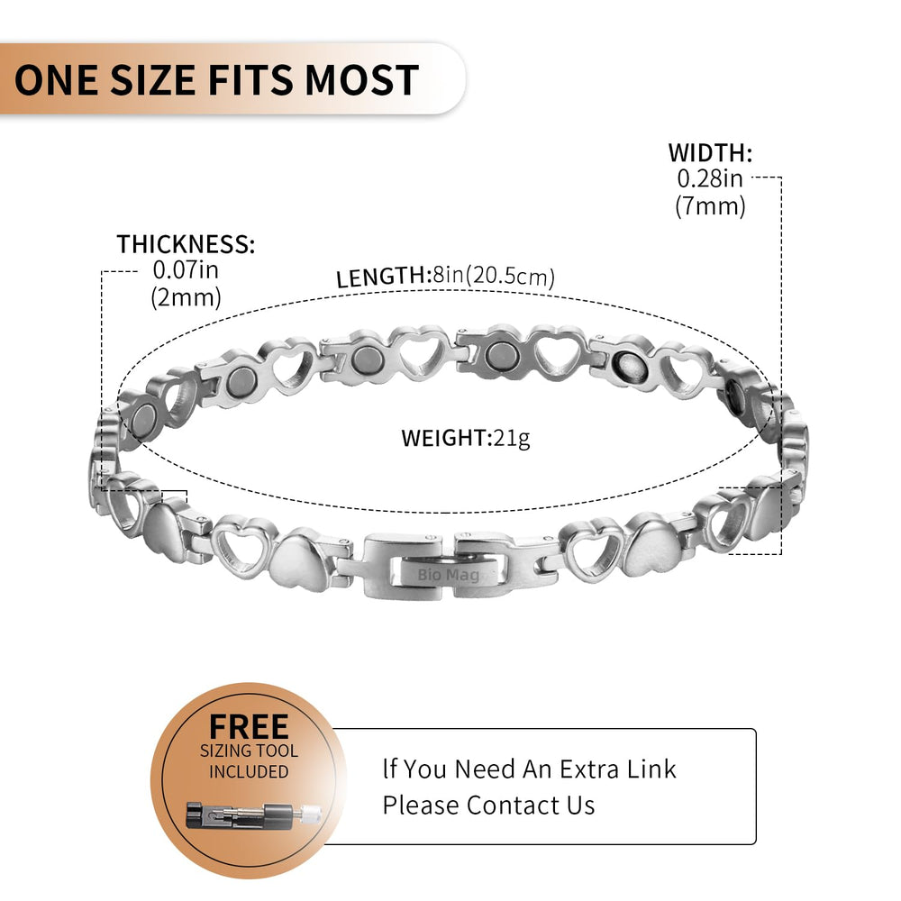 BioMag bracelet close-up shows 3500 gauss magnets near the wrist for relaxation support.