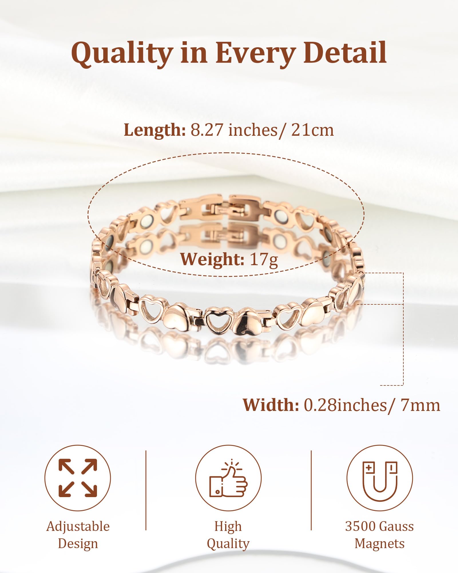BioMag titanium steel bracelet magnets close-up showing 3500 gauss near the wrist for comfortable wear