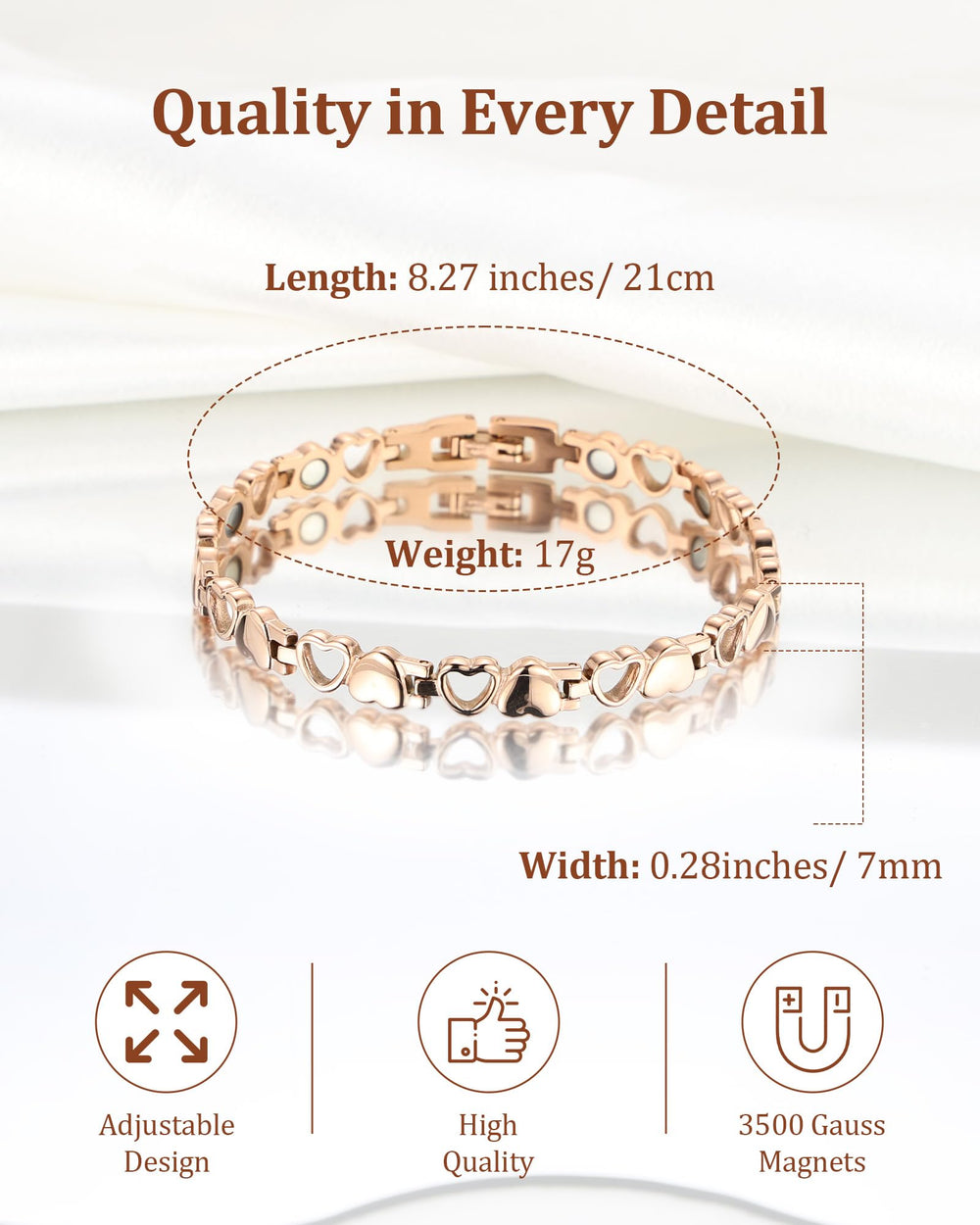 BioMag titanium steel bracelet magnets close-up showing 3500 gauss near the wrist for comfortable wear