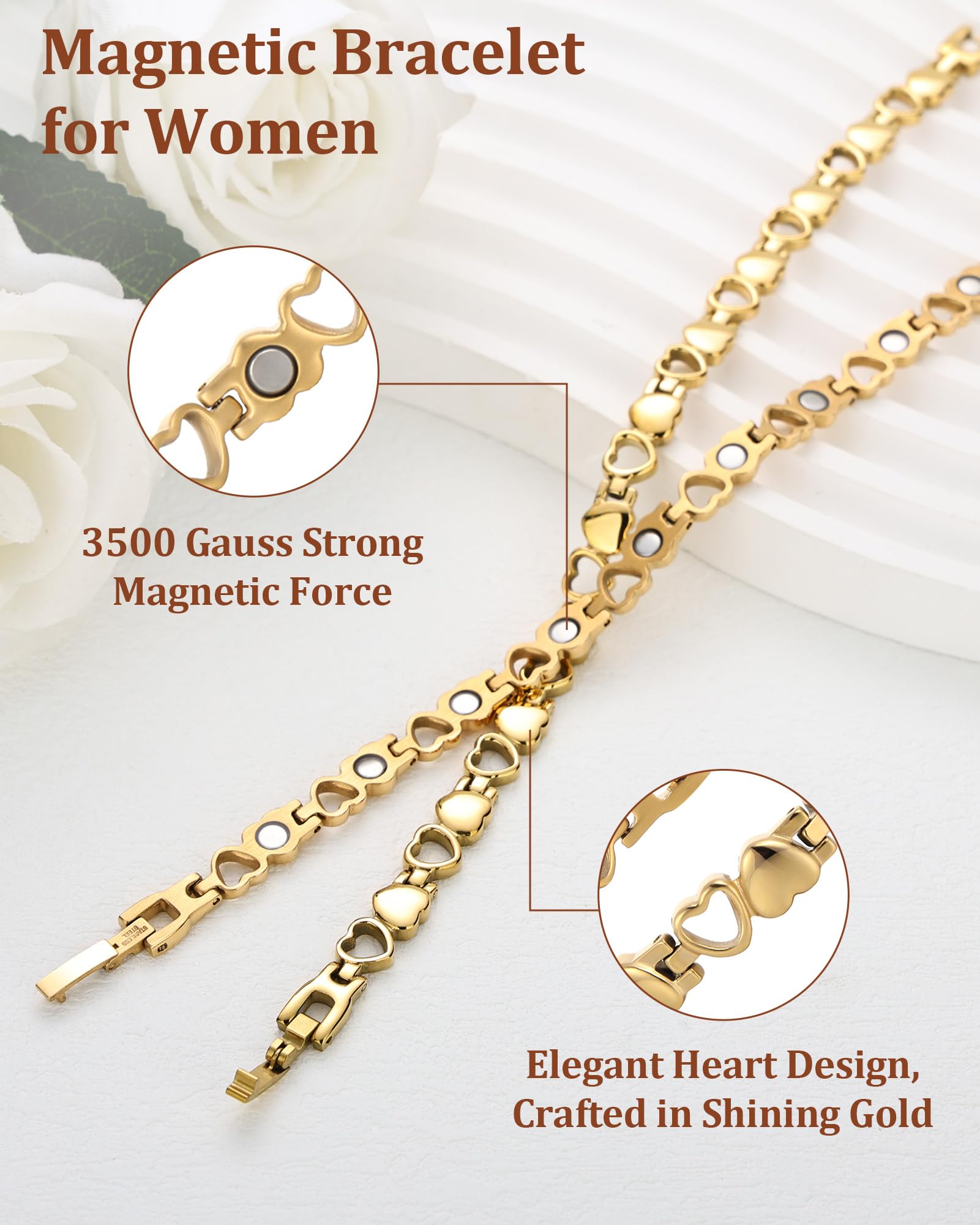 BioMag women's titanium steel bracelet worn on the wrist for durable elegance.