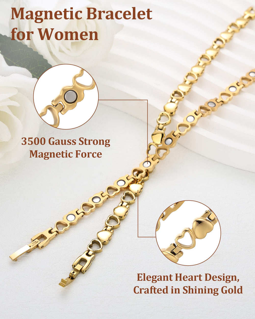 BioMag women's titanium steel bracelet worn on the wrist for durable elegance.
