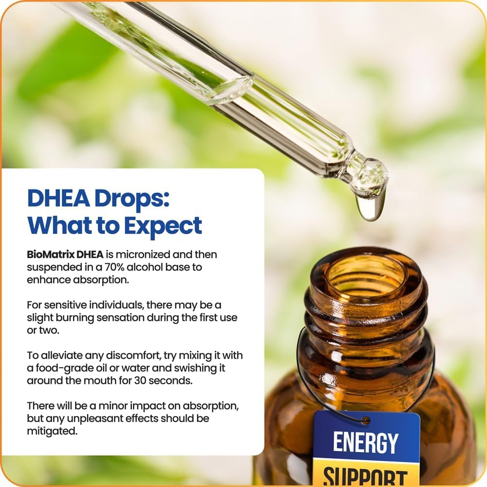 BioMatrix DHEA liquid dropper shows precise 1.2 mg per drop dosing.