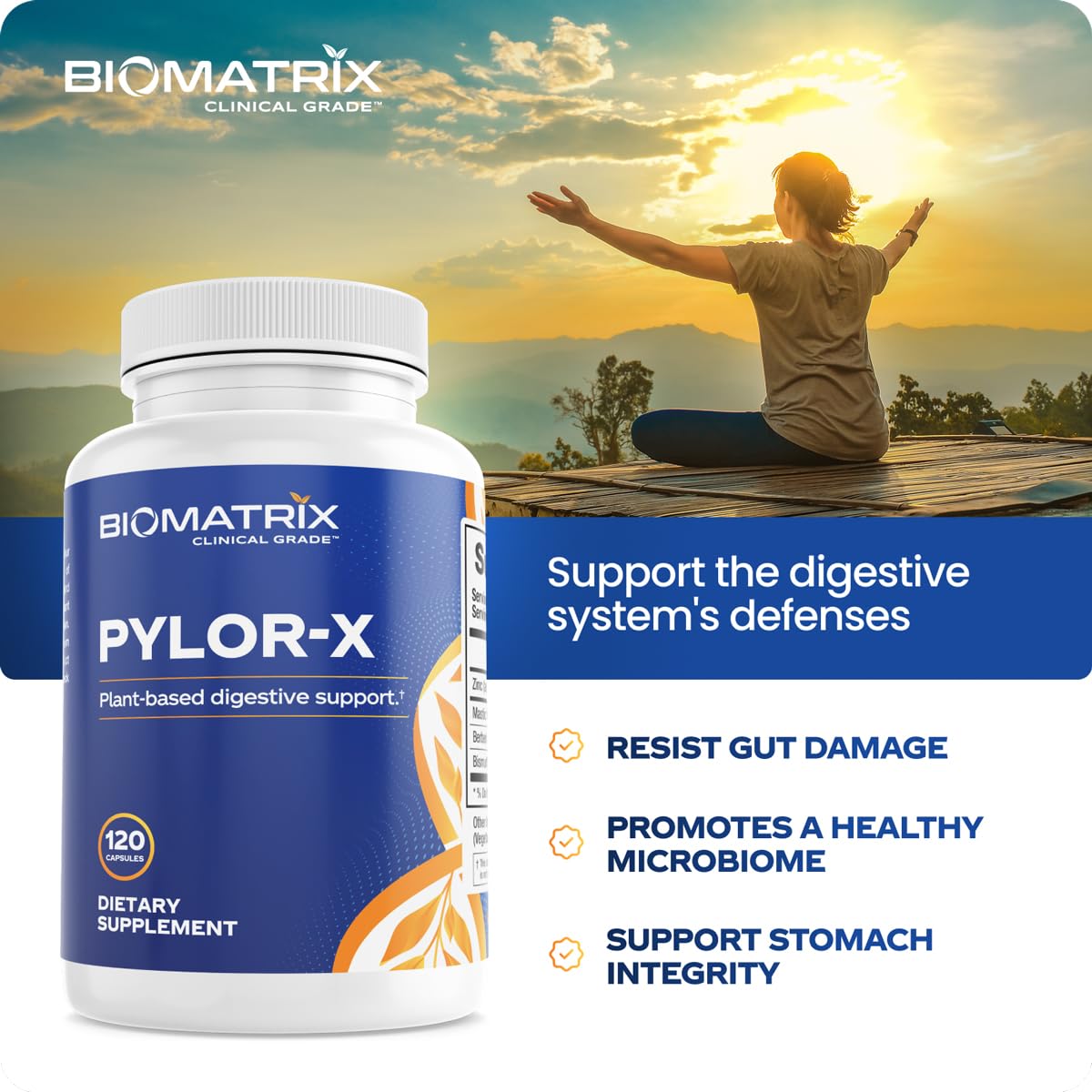 BioMatrix Pylor-X ingredient panel highlights mastic gum and berberine for gut balance.
